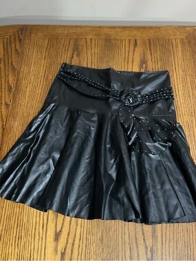 Women's Black Faux Leather Flared Skirt with Decorative Belt Decor